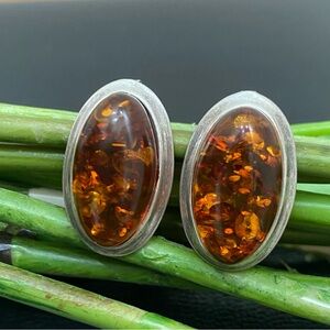 Vintage Sterling Silver Handcrafted Cabochon Oval Baltic Amber Earrings 7.4g